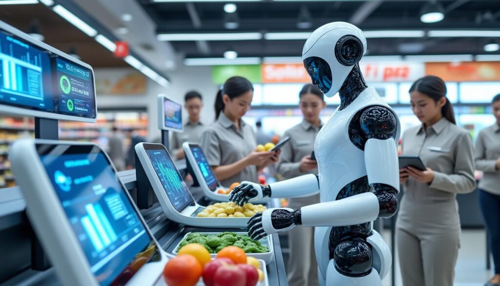 découvrez comment l'intelligence artificielle intégrée aux caisses automatiques transforme le rôle des robots en contributeurs aux charges sociales, bouleversant ainsi le paysage économique et social.